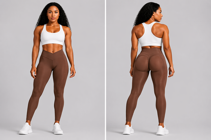 Woman wearing a white sports bra and brown leggings on a gray background - Aresfit