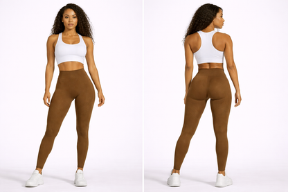 Woman wearing a white sports bra and brown leggings on a white background - Aresfit