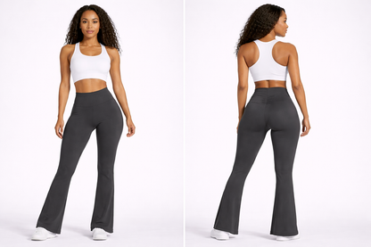 Woman wearing a white sports bra and dark gray flared leggings on a white background - Aresfit