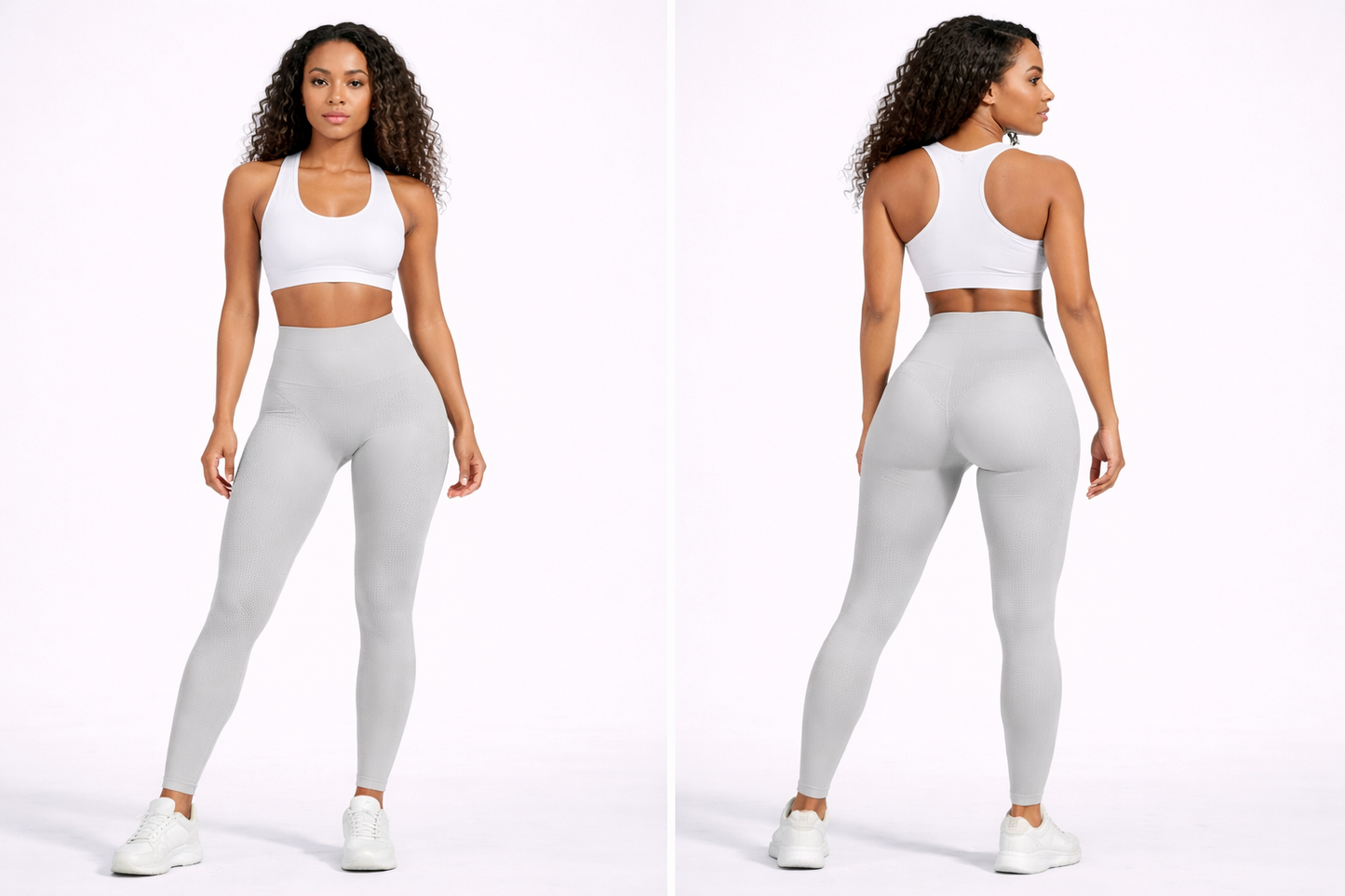 Woman wearing a white sports bra and gray leggings on a white background - Aresfit