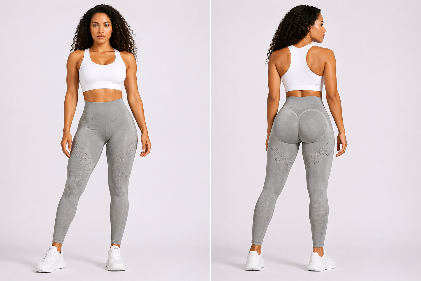 Woman wearing a white sports bra and gray leggings, shown from front and back on a light gray background - Aresfit