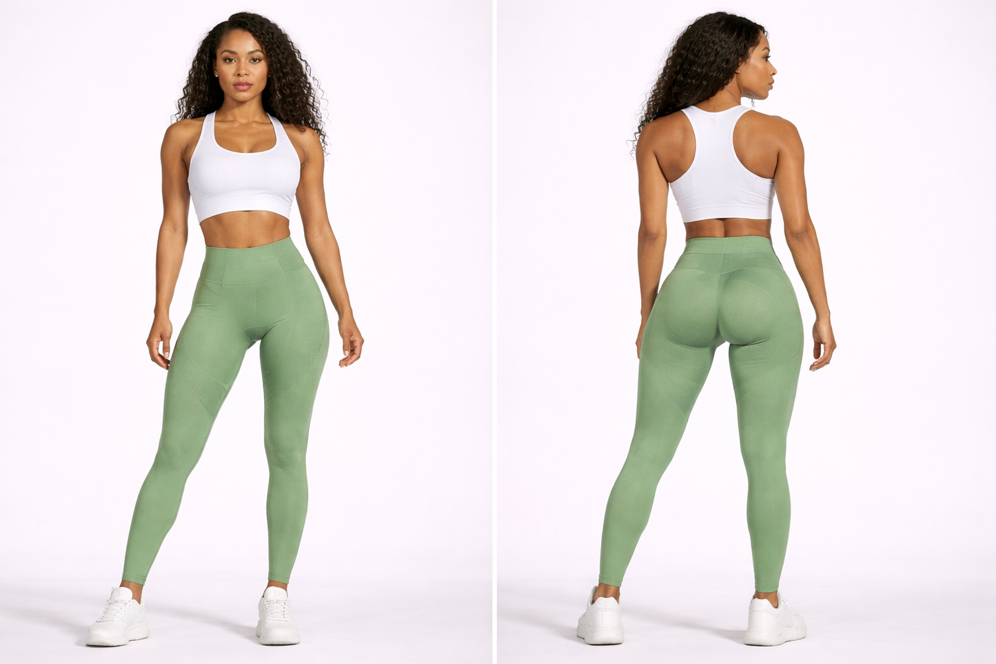 Woman wearing a white sports bra and green leggings on a white background - Aresfit