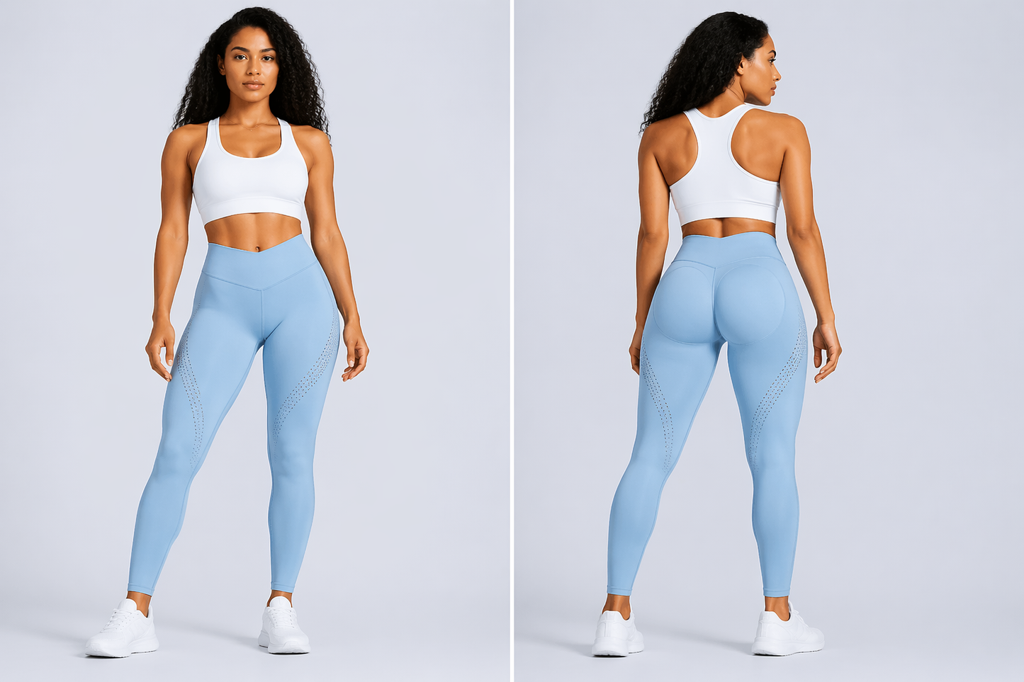 Woman wearing a white sports bra and light blue leggings on a plain background - Aresfit