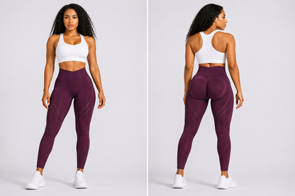 Woman wearing a white sports bra and maroon leggings on a gray background - Aresfit