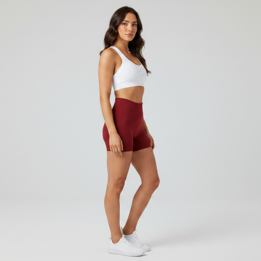 Woman wearing a white sports bra and maroon scrunch shorts on a light gray background - Aresfit