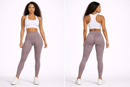 Woman wearing a white sports bra and mauve leggings on a white background - Aresfit