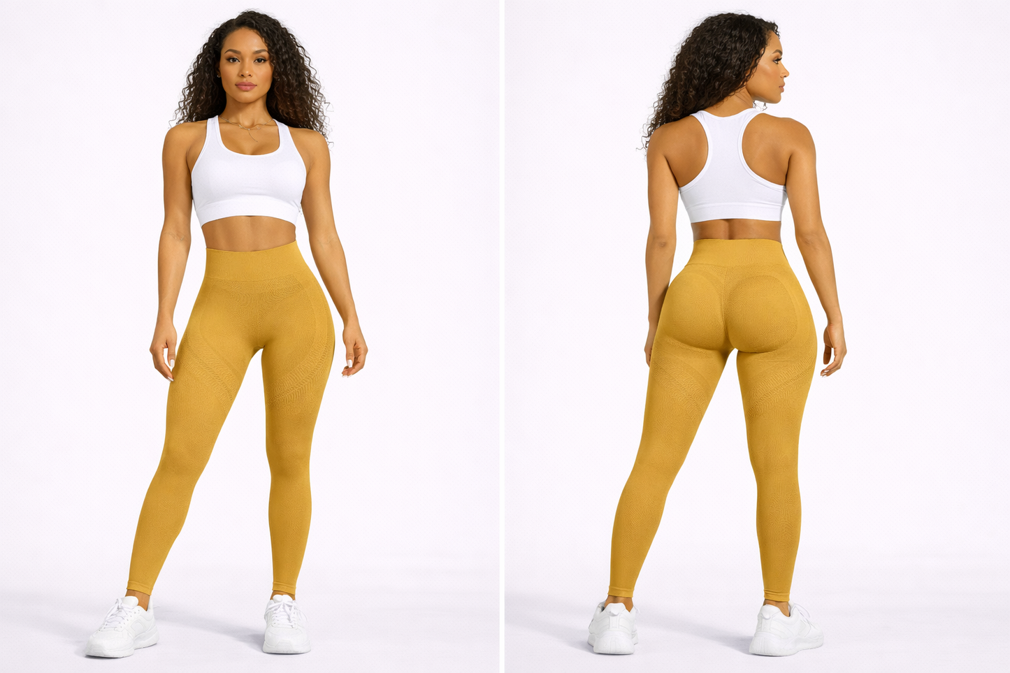 Woman wearing a white sports bra and mustard yellow leggings on a white background - Aresfit