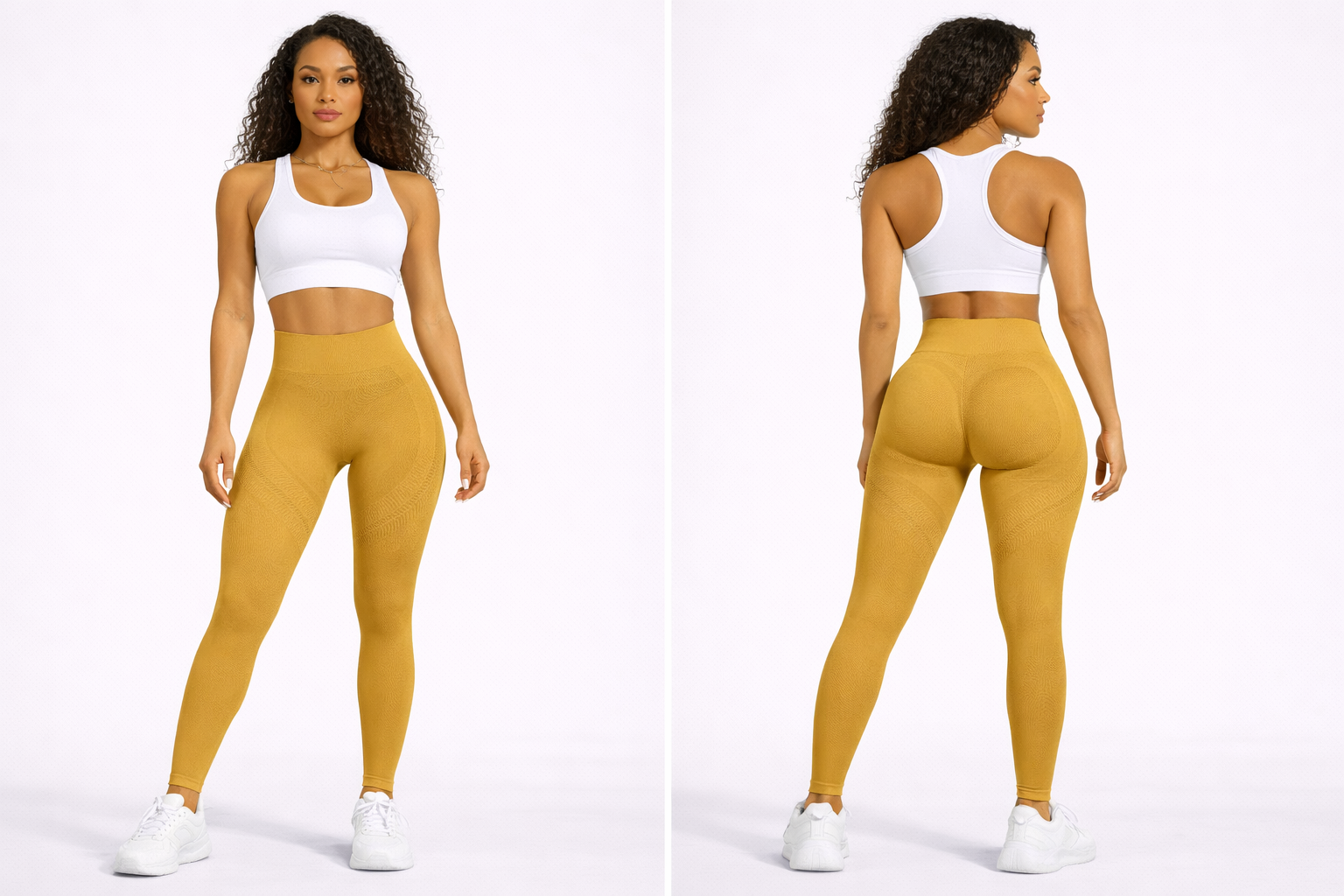 Woman wearing a white sports bra and mustard yellow leggings on a white background - Aresfit
