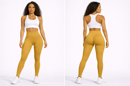 Woman wearing a white sports bra and mustard yellow leggings on a white background - Aresfit