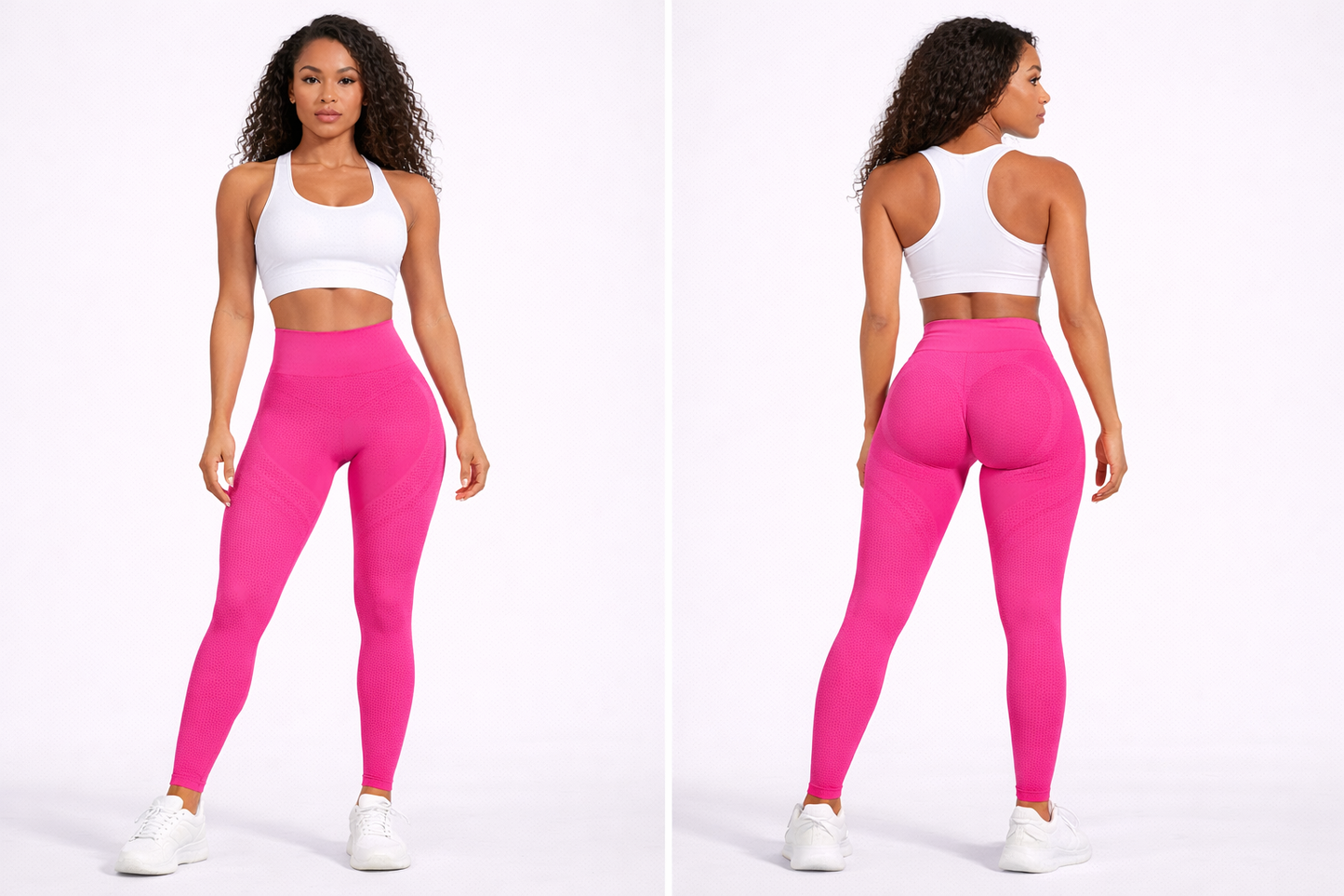 Woman wearing a white sports bra and pink leggings on a white background - Aresfit