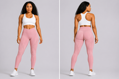 Woman wearing a white sports bra and pink leggings on a gray background - Aresfit