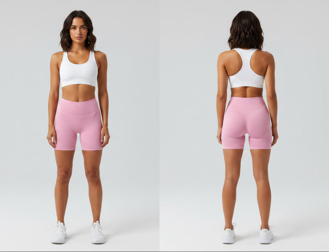 Woman wearing a white sports bra and pink shorts, shown from front and back on a light gray background - Aresfit