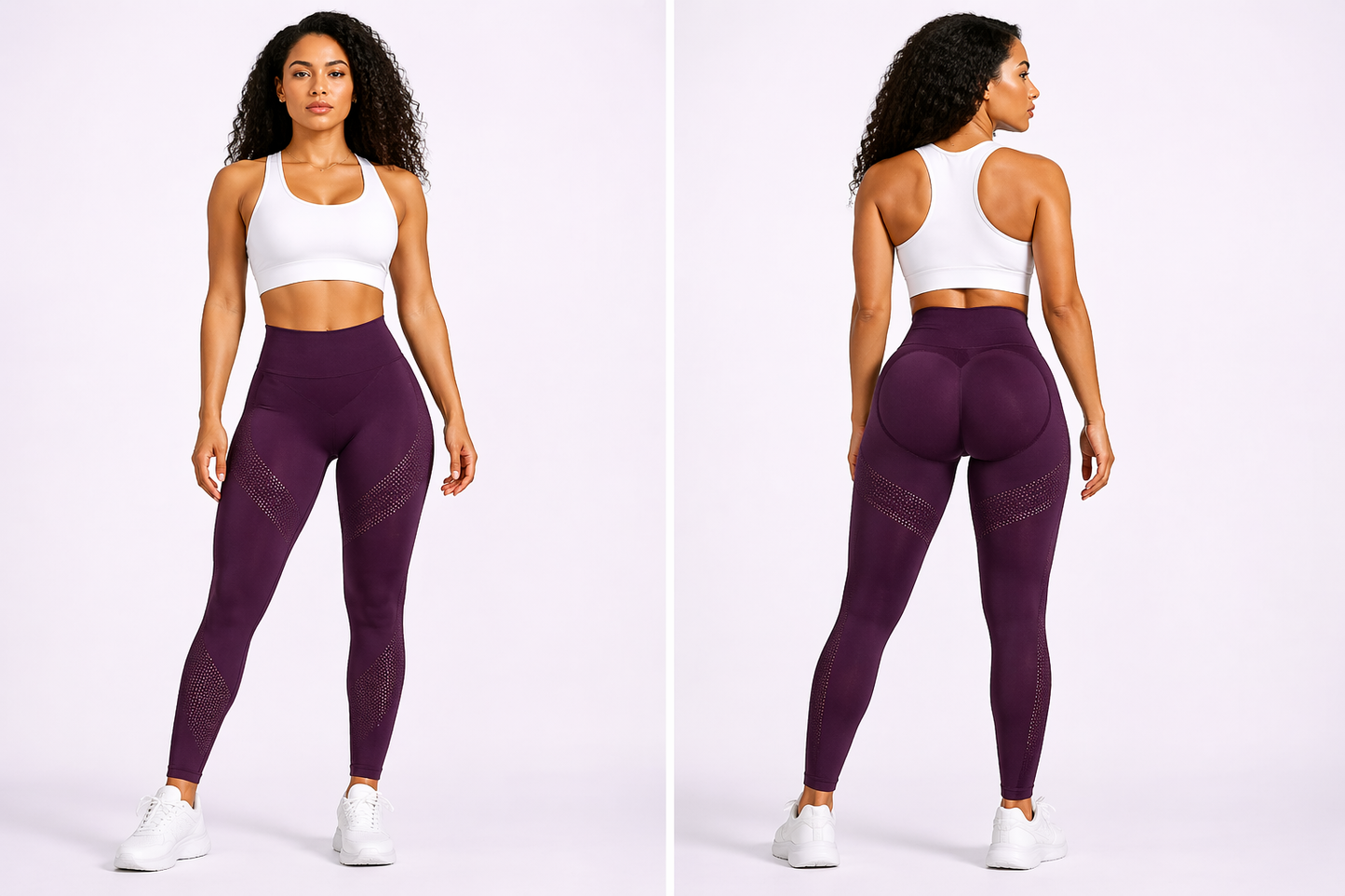 Woman wearing a white sports bra and purple leggings on a white background - Aresfit