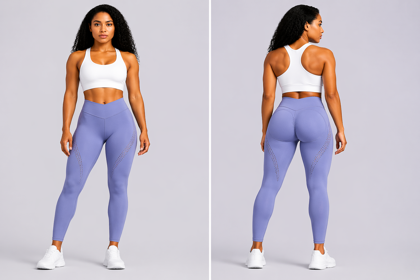 Woman wearing a white sports bra and purple leggings on a gray background - Aresfit
