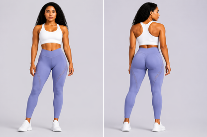 Woman wearing a white sports bra and purple leggings on a gray background - Aresfit
