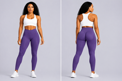 Woman wearing a white sports bra and purple leggings on a gray background - Aresfit