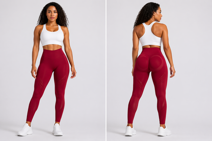 Woman wearing a white sports bra and red leggings on a plain background - Aresfit
