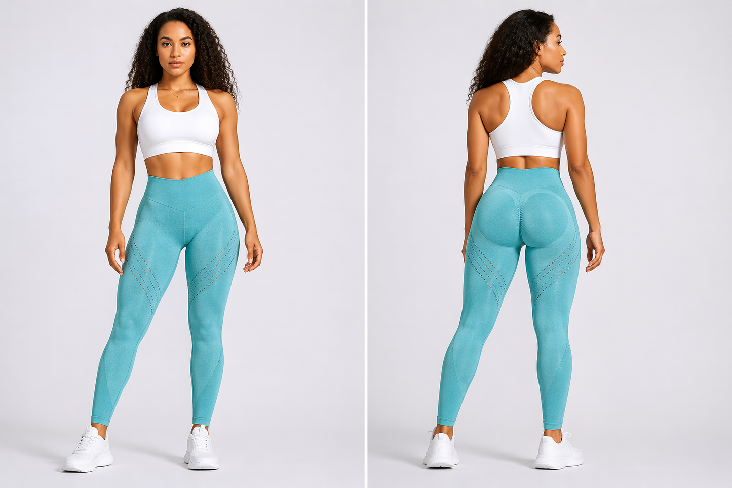 Woman wearing a white sports bra and teal leggings on a plain background - Aresfit