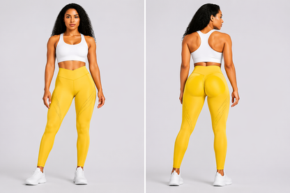 Woman wearing a white sports bra and yellow leggings on a gray background - Aresfit