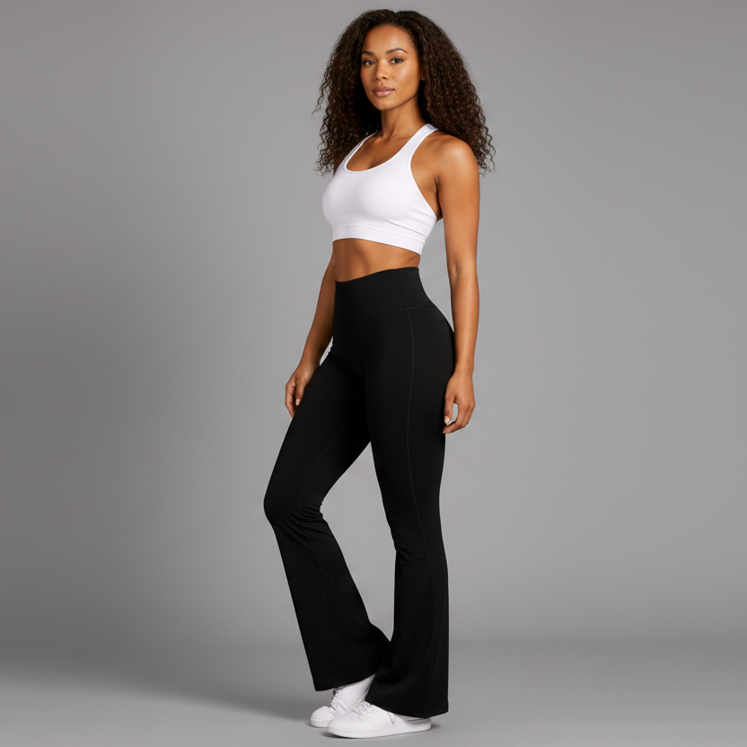 Woman wearing a white tank top and black high-waisted leggings on a white background - Aresfit
