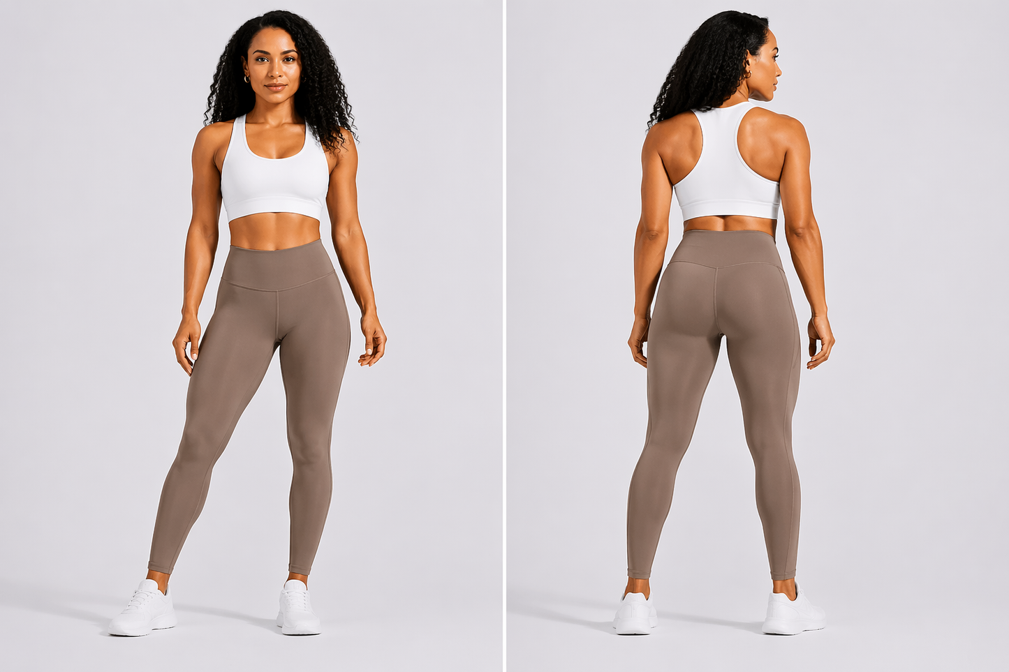 Woman wearing a white tank top and brown leggings on a gray background - Aresfit