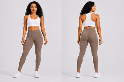 Woman wearing a white tank top and brown leggings on a gray background - Aresfit