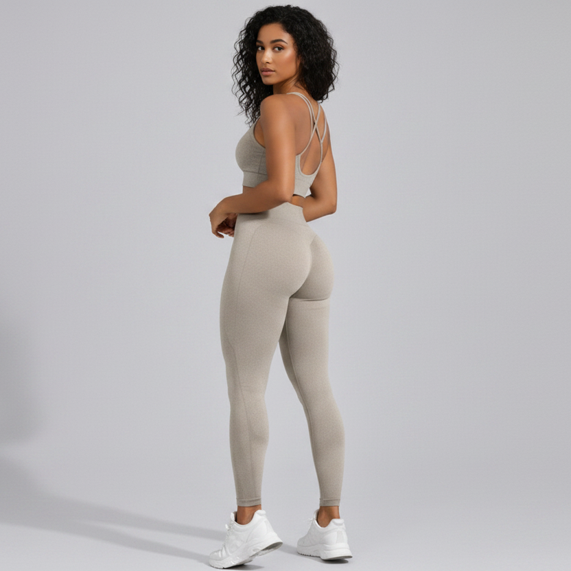 Woman wearing a beige seamless sports bra and high waist leggings set from the back on a gray background - Aresfit