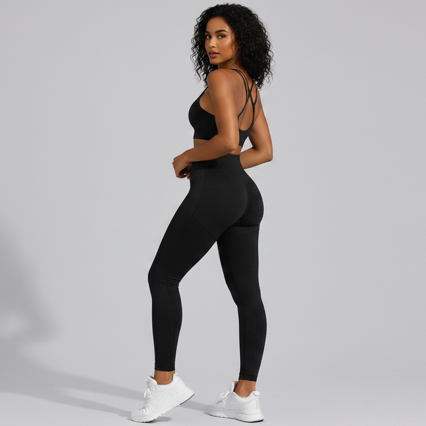 Woman wearing a black seamless sports bra and high waist leggings set from the back on a gray background - Aresfit