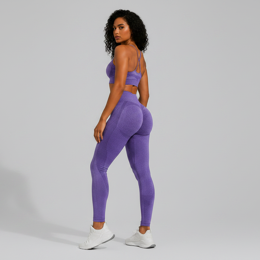 Woman wearing a purple seamless sports bra and high waist leggings set from the back on a gray background - Aresfit