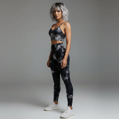 Women's black and gray tie dye sports bra and leggings gym set - AresFit