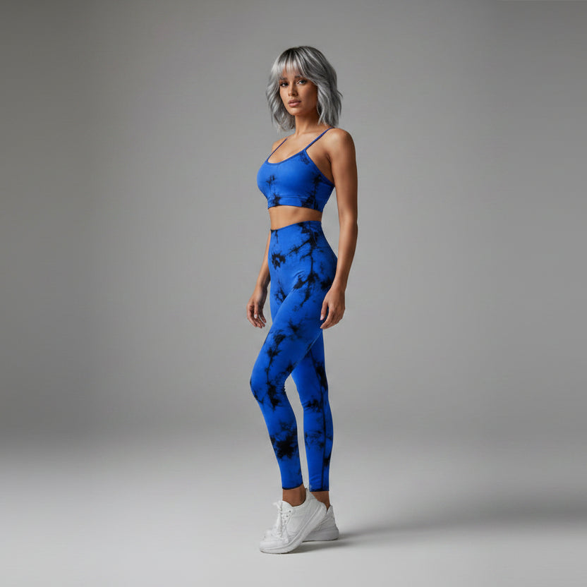 Women's blue tie dye sports bra and leggings gym set - AresFit