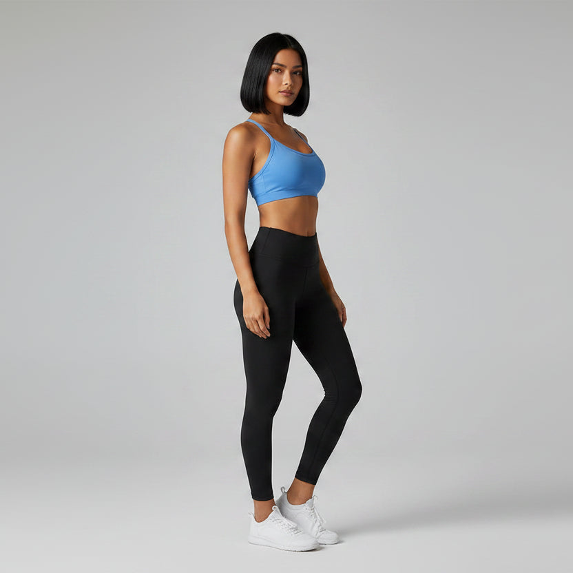 Women’s blue cross back sports bra front view for gym and yoga workouts - AresFit