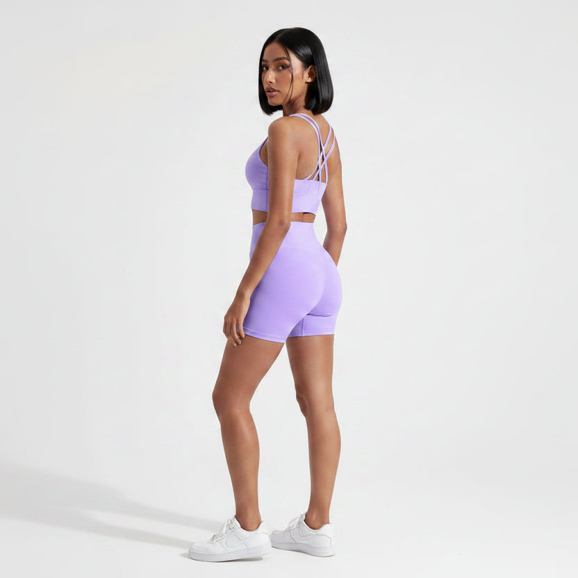 Lavender women’s cross back gym sports bra side profile for yoga and fitness - AresFit