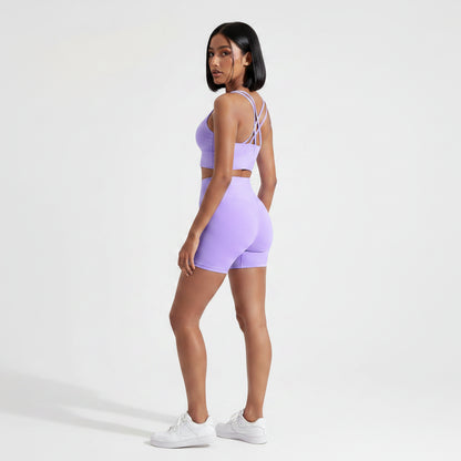 Lavender women’s cross back gym sports bra side profile for yoga and fitness - AresFit