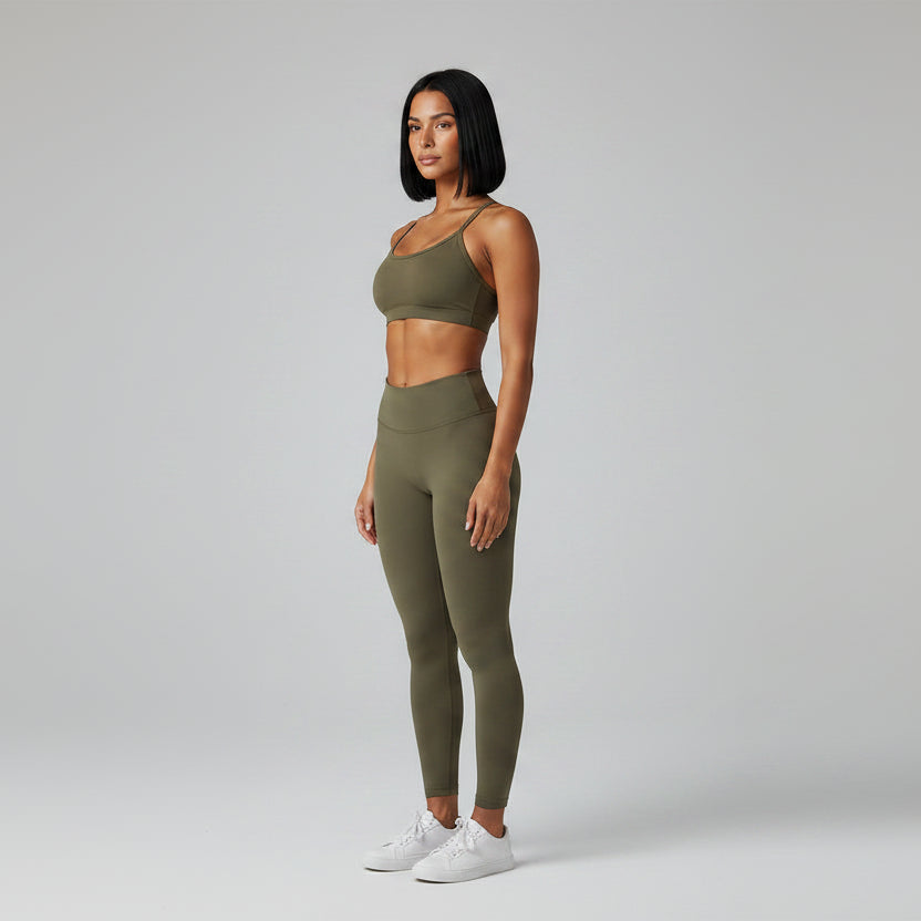 Women’s olive cross back sports bra with breathable support and stretch fit - AresFit