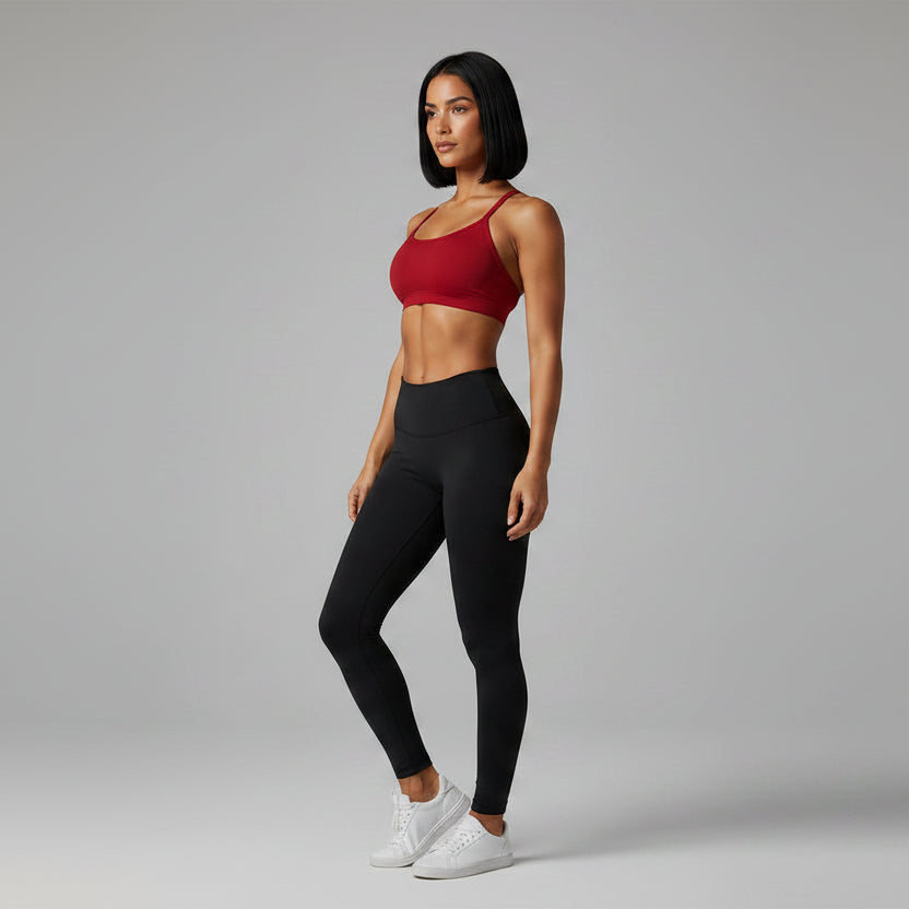 Red and black women’s cross back sports bra for cardio and activewear training - AresFit