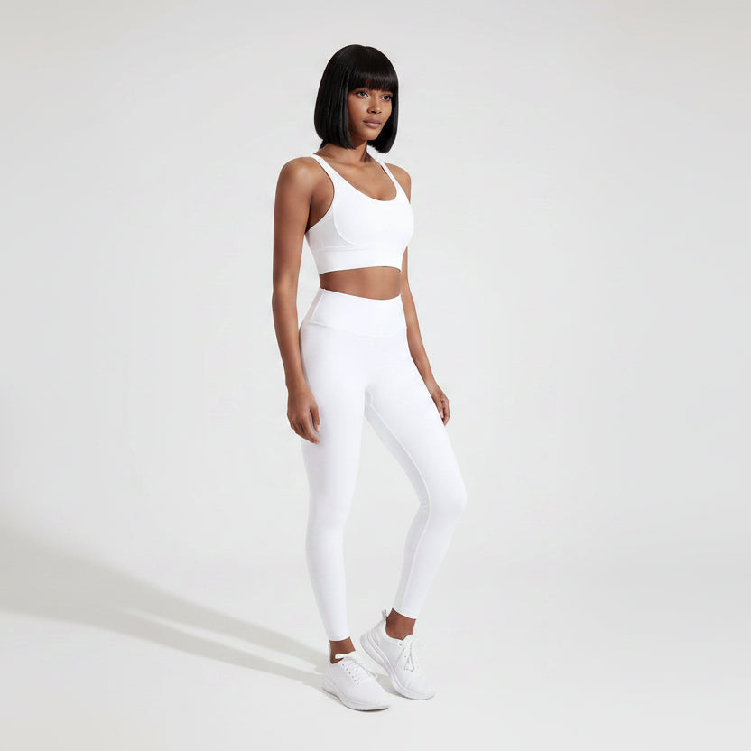 White women’s breathable cross back sports bra front view for gym workouts - AresFit