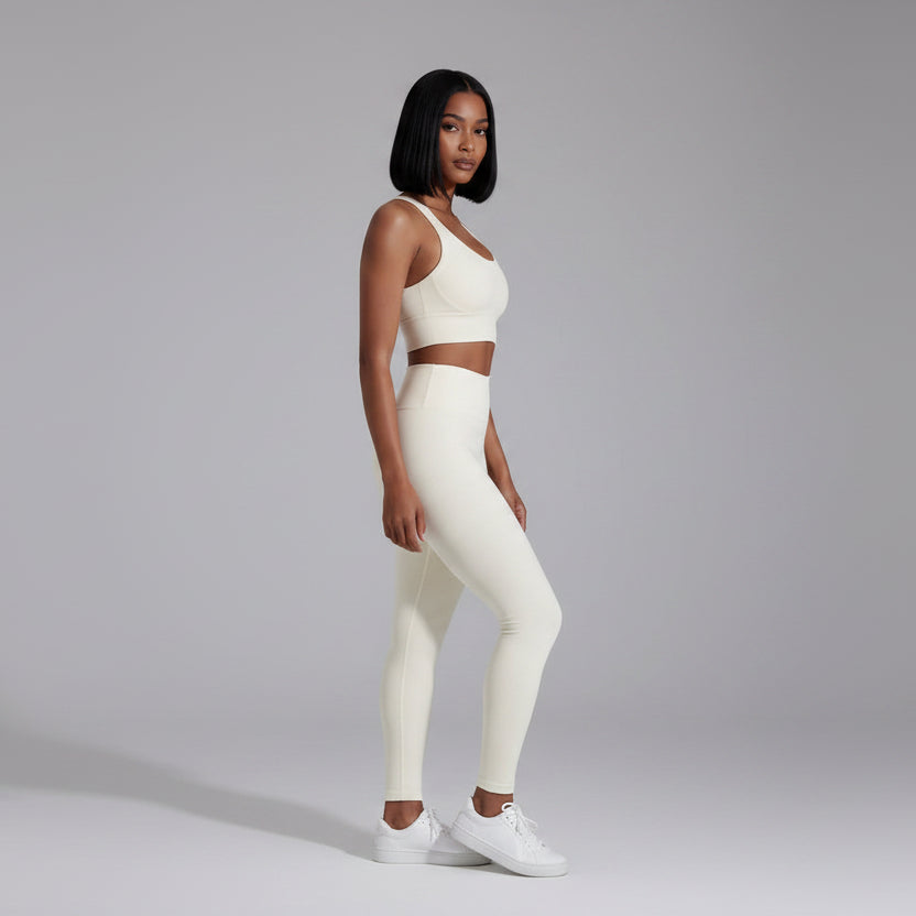 White women’s cross back sports bra side view with lightweight athletic fit - AresFit