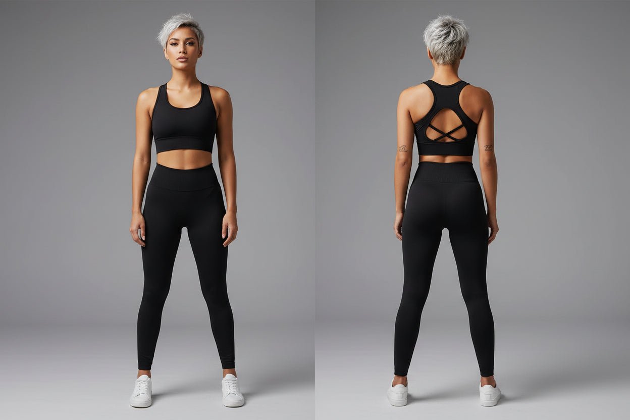 Women’s black seamless gym set with supportive sports bra and leggings - AresFit