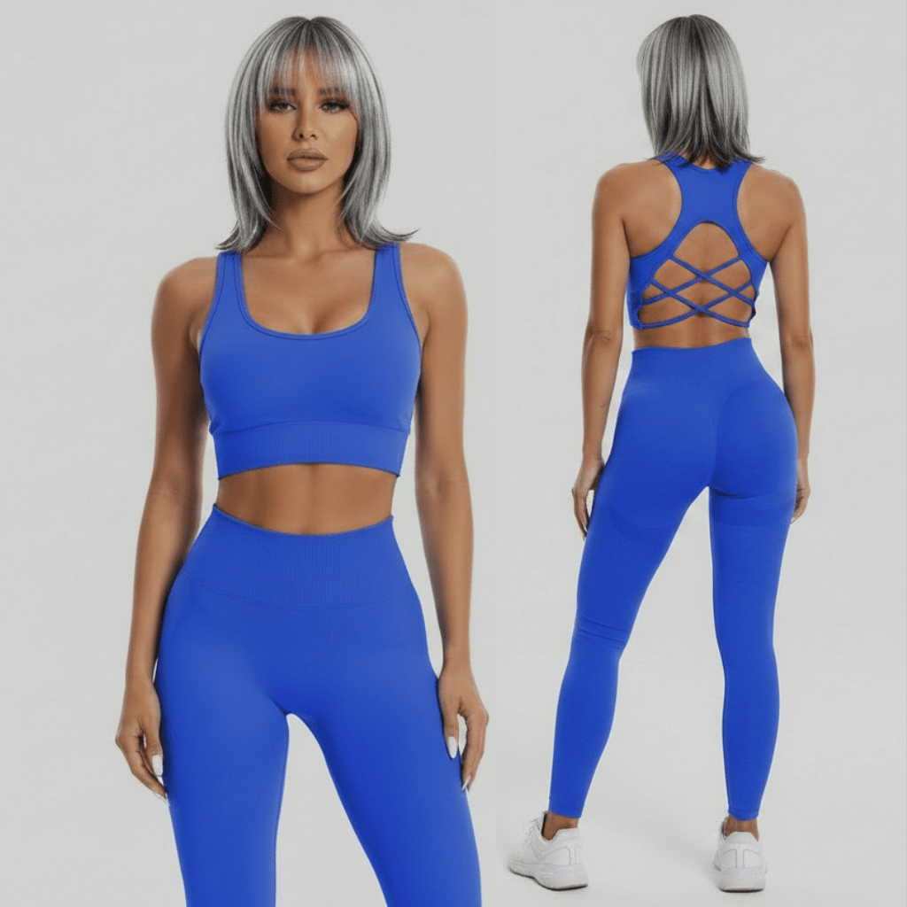 Women’s blue seamless gym set with fitted sports bra and leggings - AresFit
