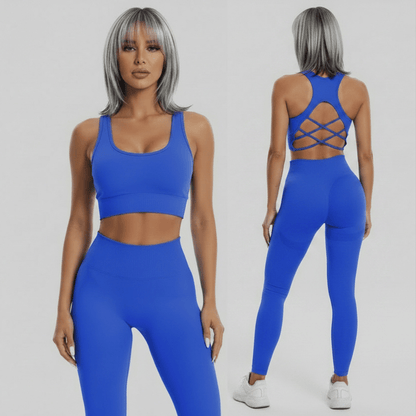Women’s blue seamless gym set with fitted sports bra and leggings - AresFit