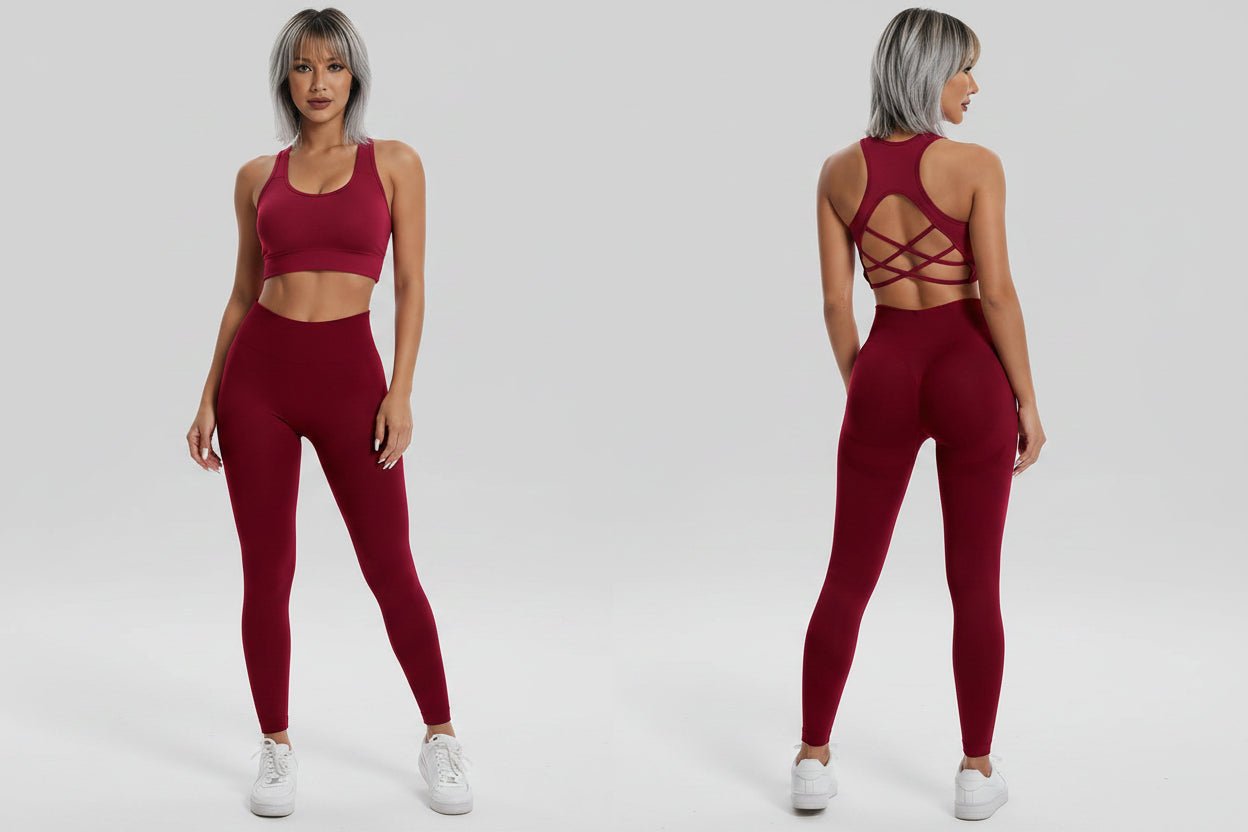Women’s burgundy sports bra and leggings gym set for workouts - AresFit