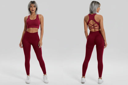 Women’s burgundy sports bra and leggings gym set for workouts - AresFit