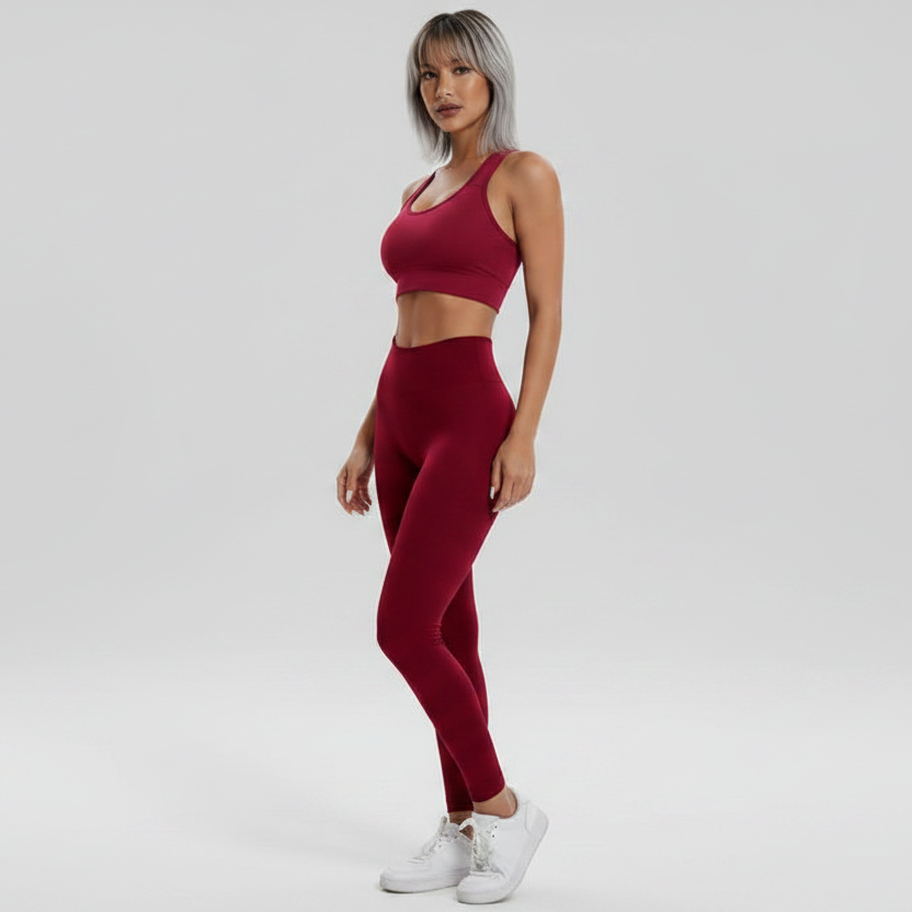 Women’s burgundy seamless gym set with sports bra and scrunch leggings - AresFit