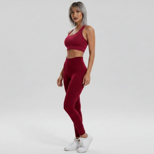 Women’s burgundy seamless gym set with sports bra and scrunch leggings - AresFit