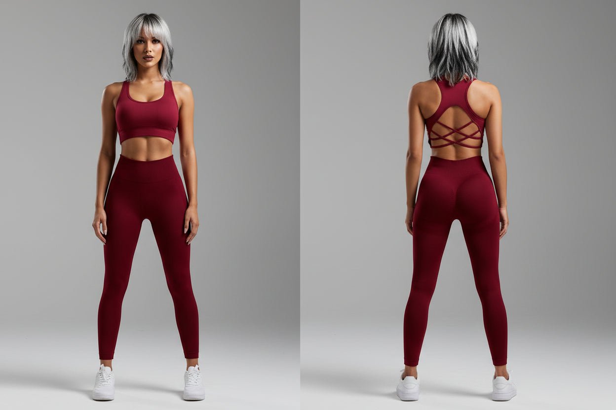 Women’s dark red seamless gym set with fitted activewear silhouette - AresFit