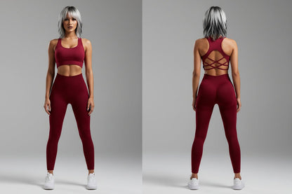Women’s dark red seamless gym set with fitted activewear silhouette - AresFit
