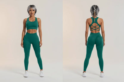 Women’s green sports bra and leggings gym set for workouts - AresFit