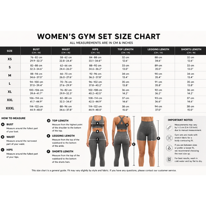 Women’s gym set size chart with bust, waist and hips measurements - AresFit