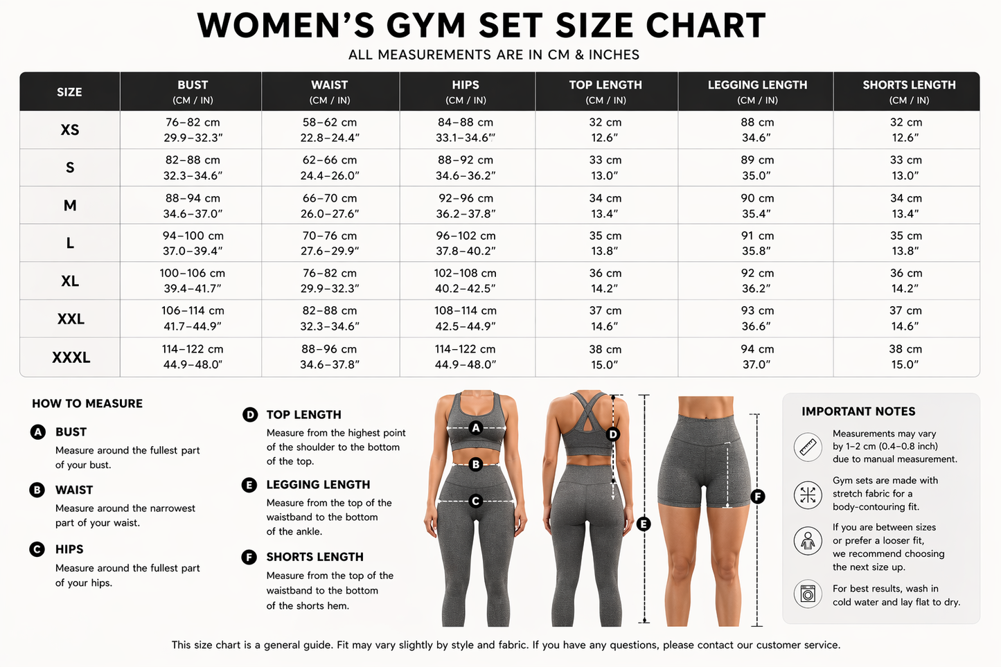 Women’s gym set size chart with bust, waist and hips measurements - AresFit